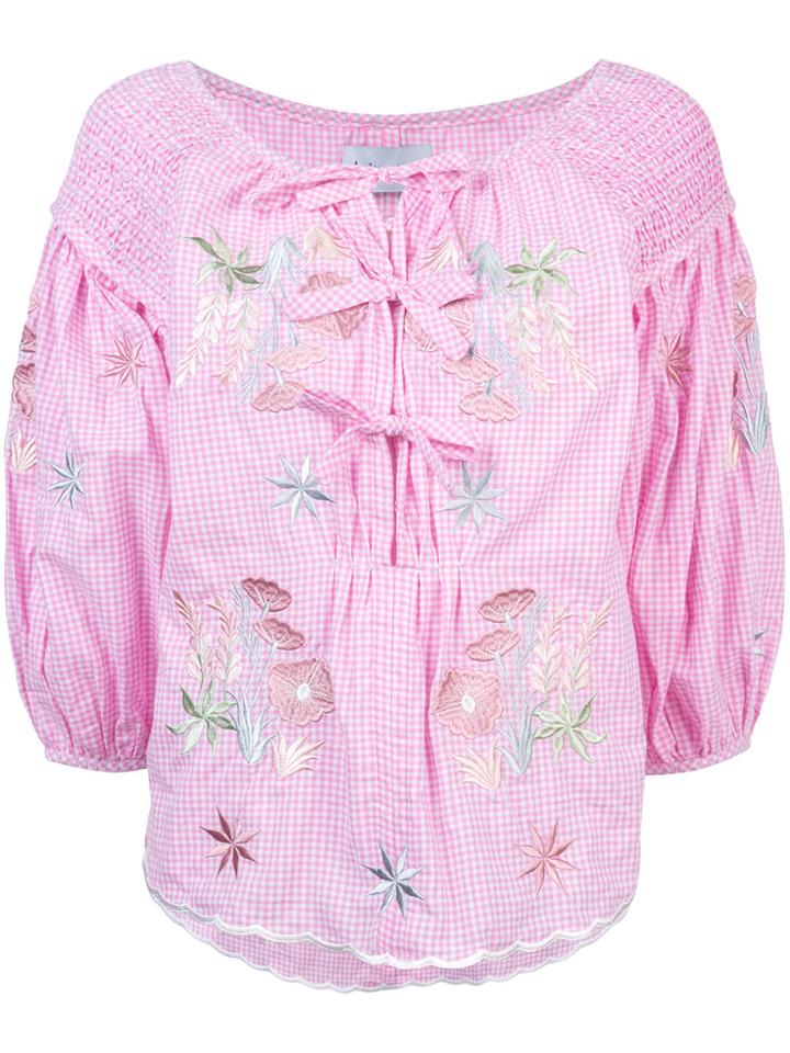 Innika Choo Gingham Embroidered Floral Blouse - Pink & Purple