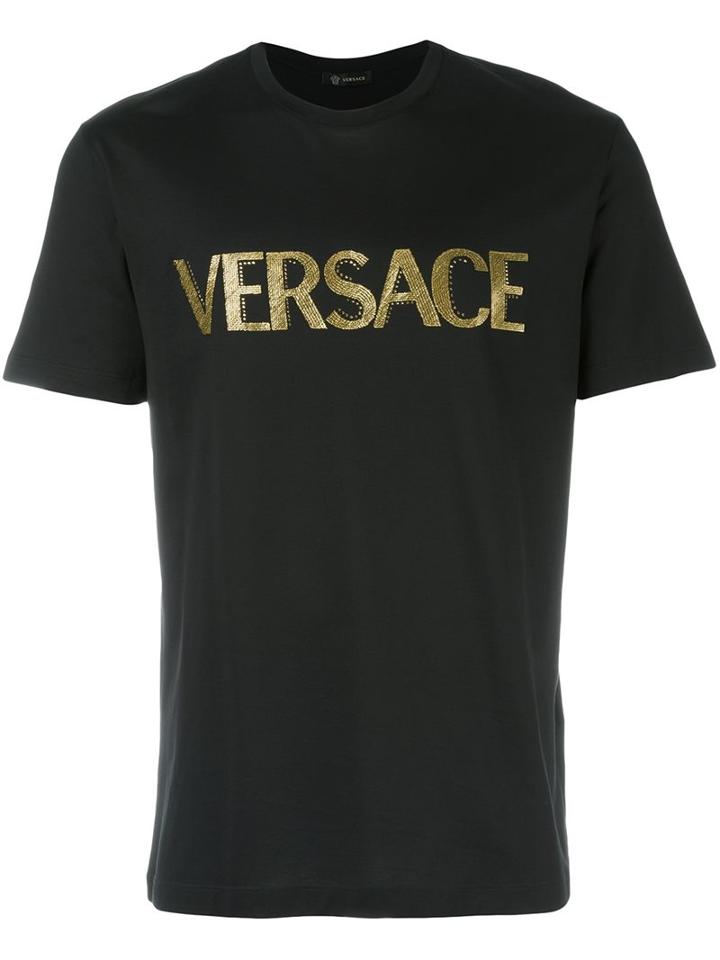 Versace Embroidered Logo T-shirt, Men's, Size: Medium, Black, Cotton