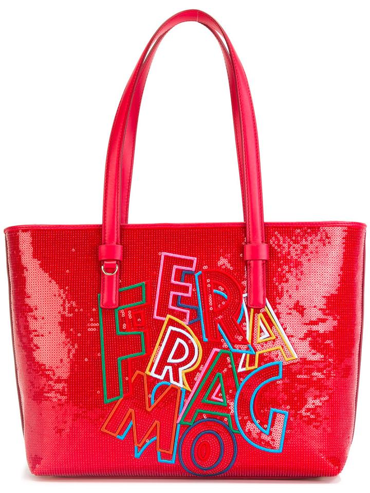 Salvatore Ferragamo Slogan Tote, Women's, Red, Cotton/calf Leather/pvc