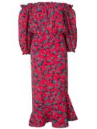 Saloni - Off Shoulder Printed Dress - Women - Silk/polyester - 14, Red, Silk/polyester