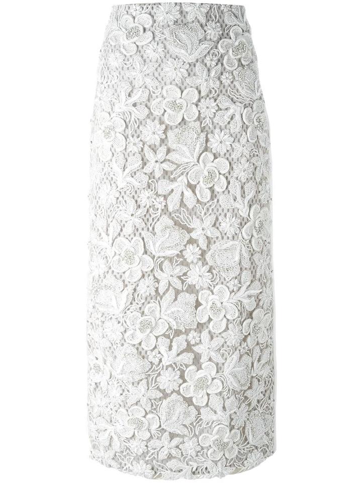 Maticevski Bead Embellished Floral Pencil Skirt, Women's, Size: 10, White, Polyester/nylon/spandex/elastane