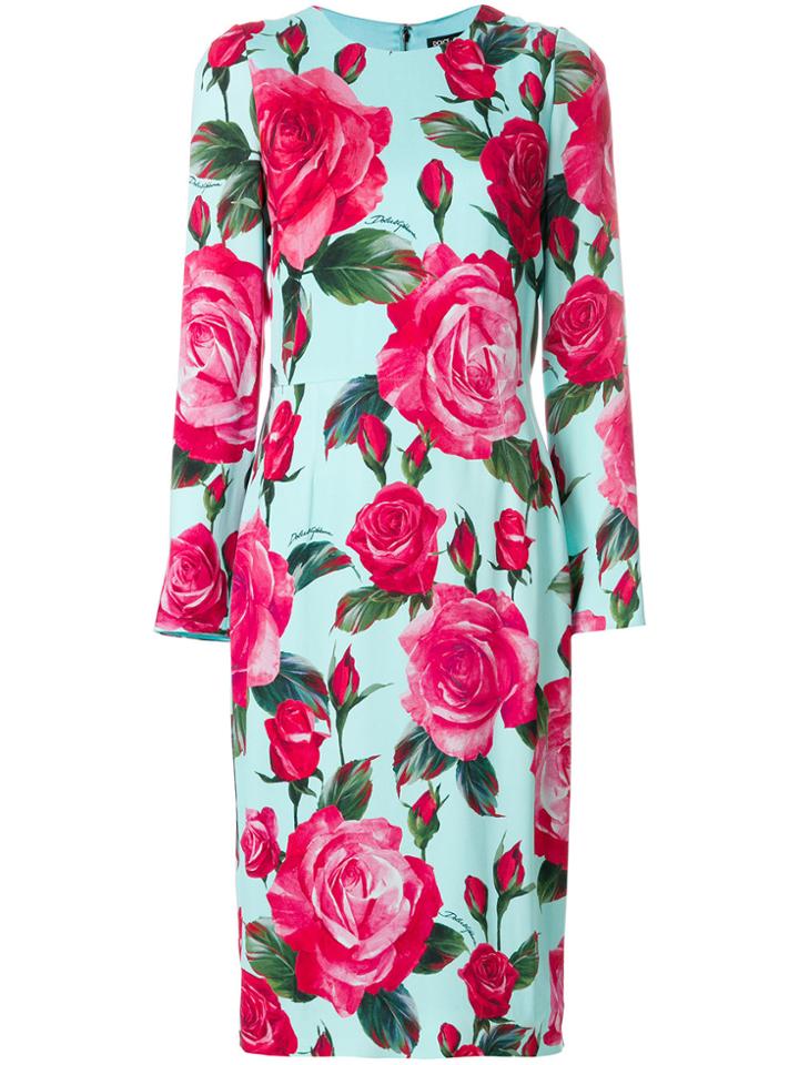 Dolce & Gabbana Large Rose Longsleeved Shift Dress - Blue