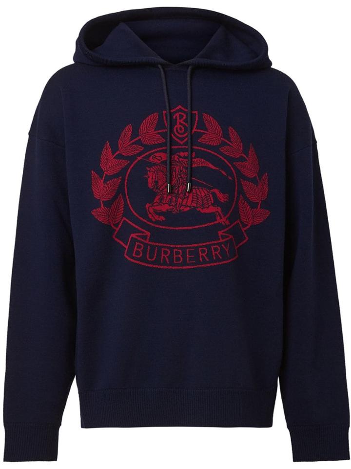 Burberry Crest Merino Wool Blend Jacquard Hoodie - Blue