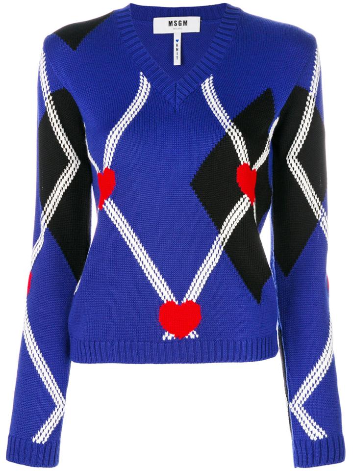Msgm Argyle Heart Jumper - Blue