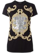 Balmain Embellished Pattern T-shirt, Women's, Size: 40, Black, Cotton/acrylic