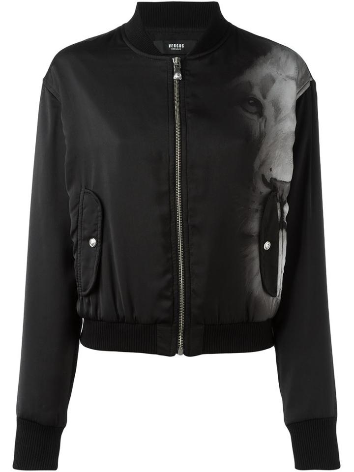 Versus Lion Print Bomber Jacket, Women's, Size: 40, Black, Polyester/viscose/spandex/elastane/cotton