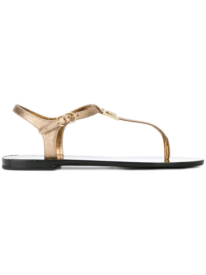 Dolce & Gabbana Logo Plaque Thong Sandals - Metallic