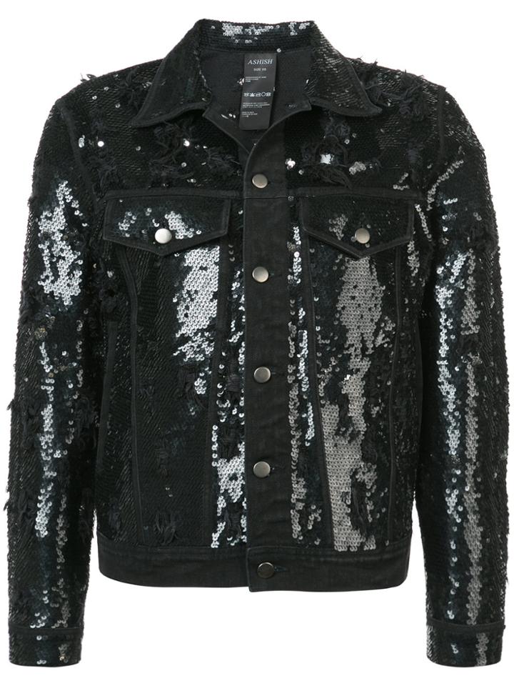Ashish Sequinned Distressed Denim Jacket - Black