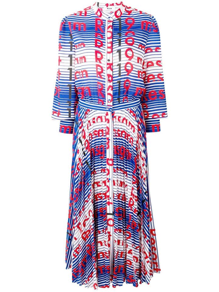 Msgm Pleated Logo Print Dress - Blue