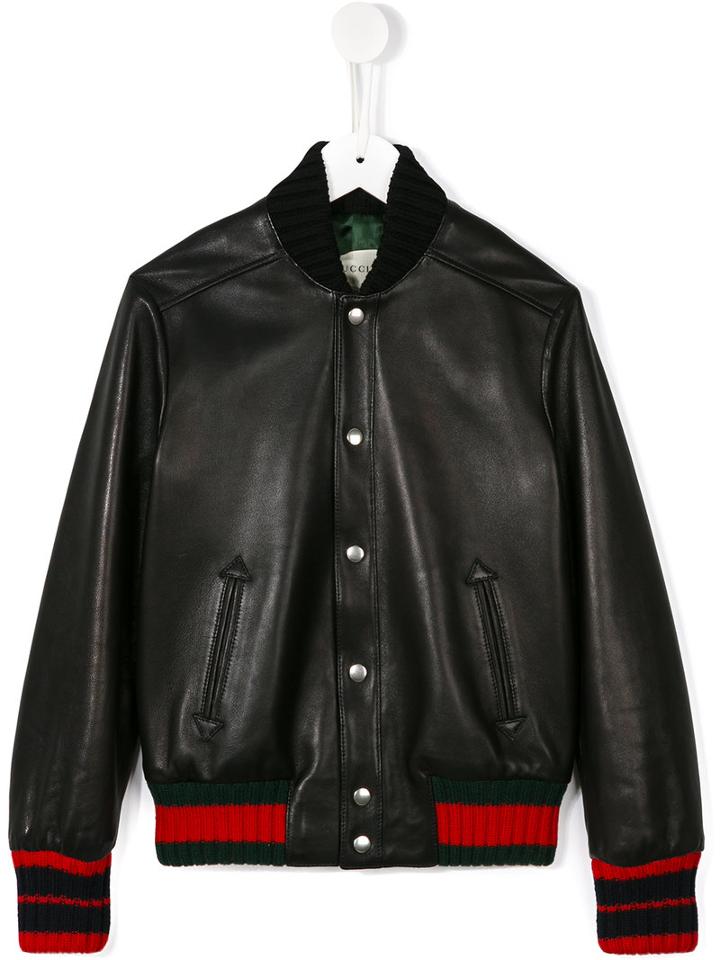 Gucci Kids Contrast Stripe Leather Jacket, Boy's, Size: 12 Yrs, Black