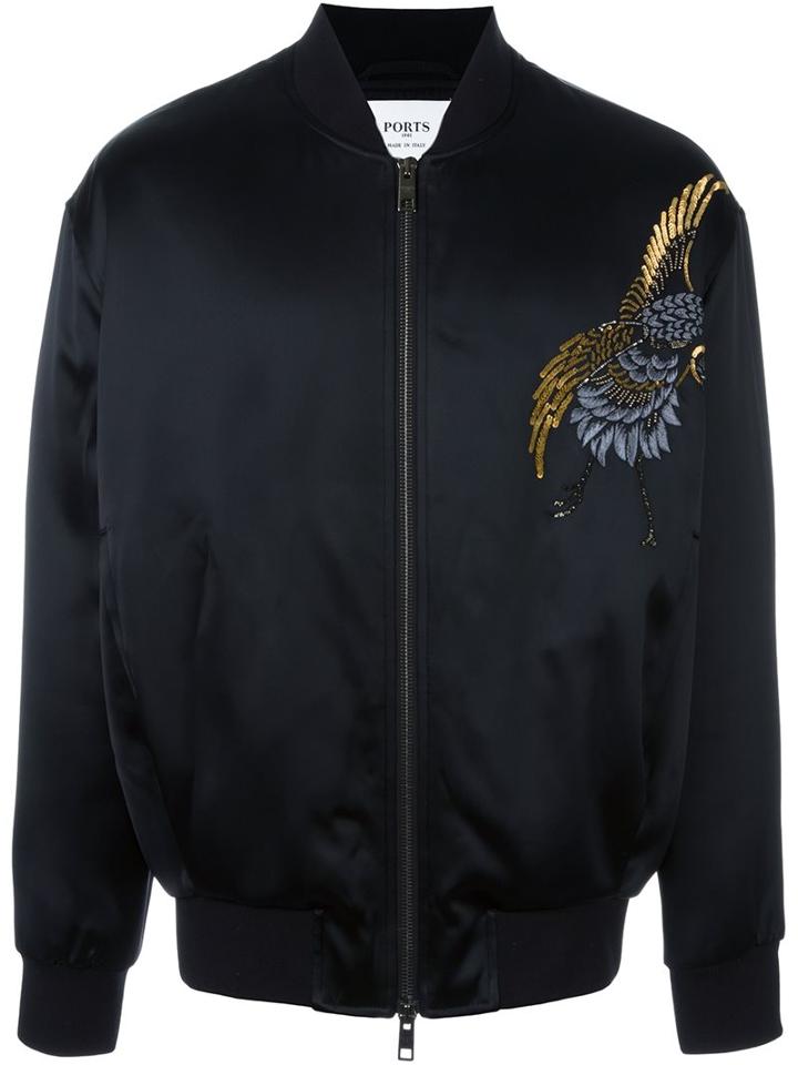 Ports 1961 Embroidered Bomber Jacket, Men's, Size: 48, Black, Acetate/virgin Wool/acrylic/cupro