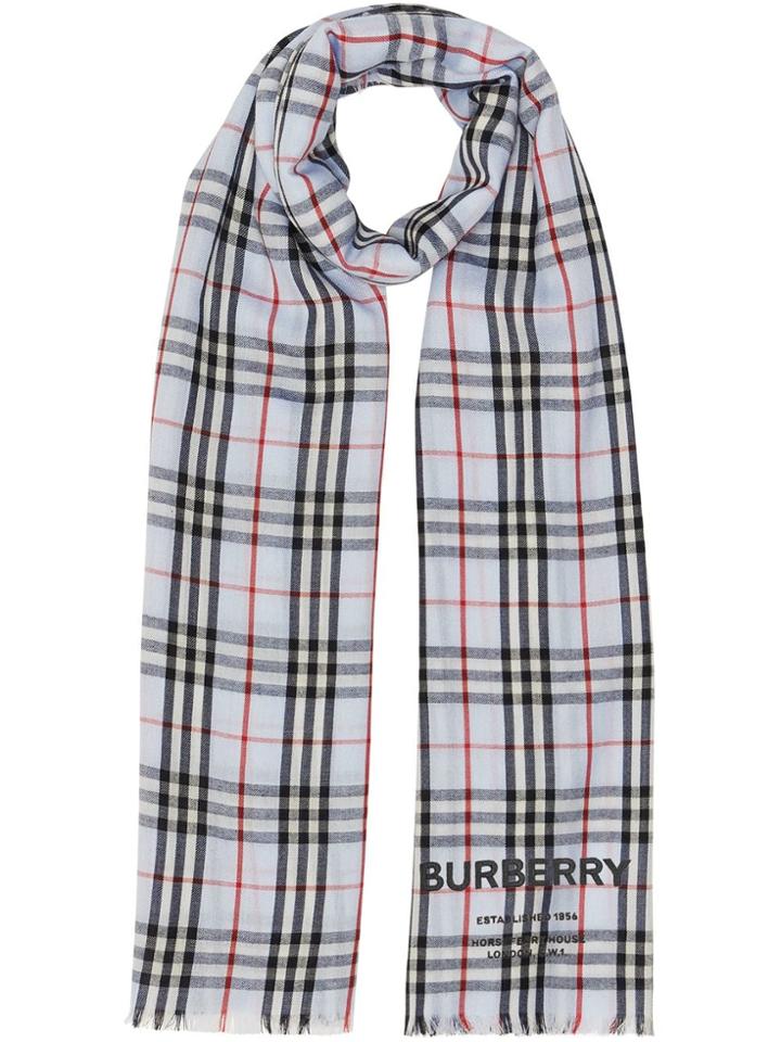 Burberry Embroidered Vintage Check Lightweight Cashmere Scarf - Blue