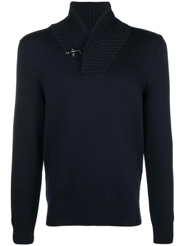 Fay Toggle High V-neck Sweater - Blue