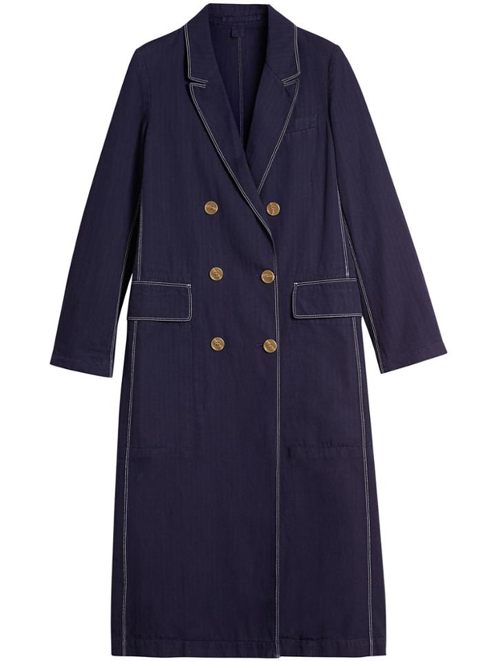 Burberry Topstitched Cotton Linen Double-breasted Coat - Blue