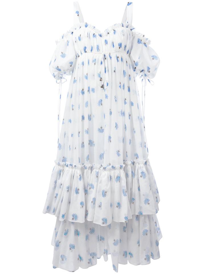 Alexander Mcqueen Floral Ruffled Midi Dress, Women's, Size: 40, White, Cotton/silk/polyamide
