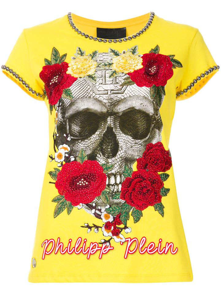 Philipp Plein Embellished Floral Skull T-shirt - Yellow & Orange