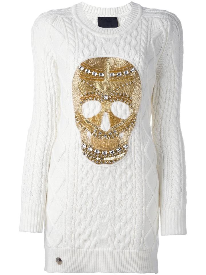 Philipp Plein Skull Cable Knit Sweater Dress, Women's, Size: Small, White, Merino