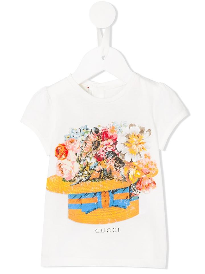 Gucci Kids Bird Floral Hat T-shirt, Girl's, Size: 18-24 Mth, Nude/neutrals