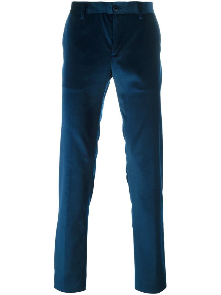 Etro Velvet Tailored Trousers, Men's, Size: 54, Blue, Cotton/viscose/spandex/elastane