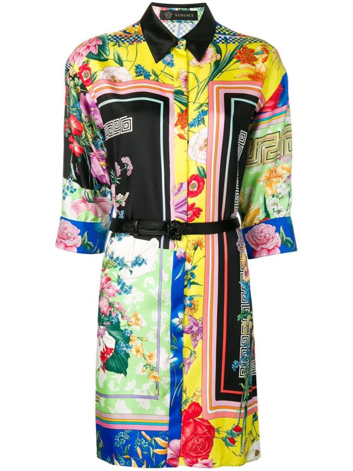 Versace Floral Print Shirt Dress - Black