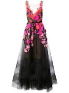 Marchesa Notte Floral Applique Tulle Gown - Black