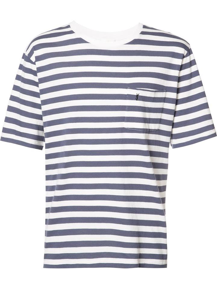 Saint Laurent Striped Logo Embroidered T-shirt, Men's, Size: Small, White, Cotton