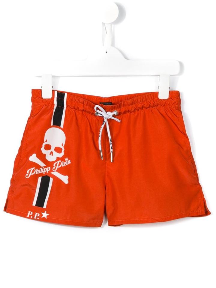 Philipp Plein Kids Skull And Crossbones Swim Trunks, Boy's, Size: 8 Yrs, Red
