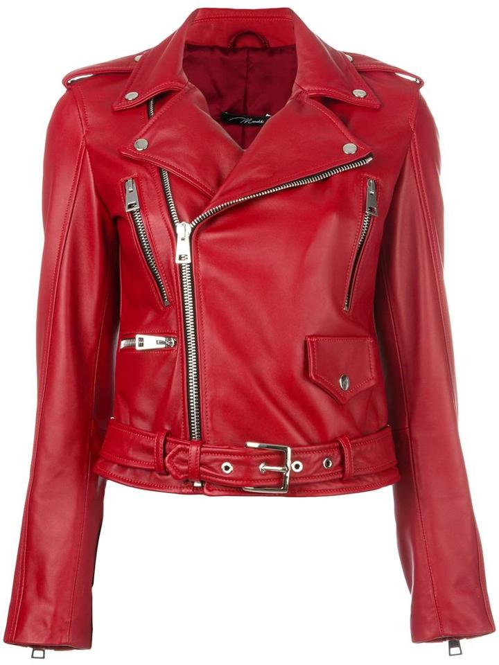 Manokhi Belted Biker Jacket, Women's, Size: 36, Red, Lamb Skin