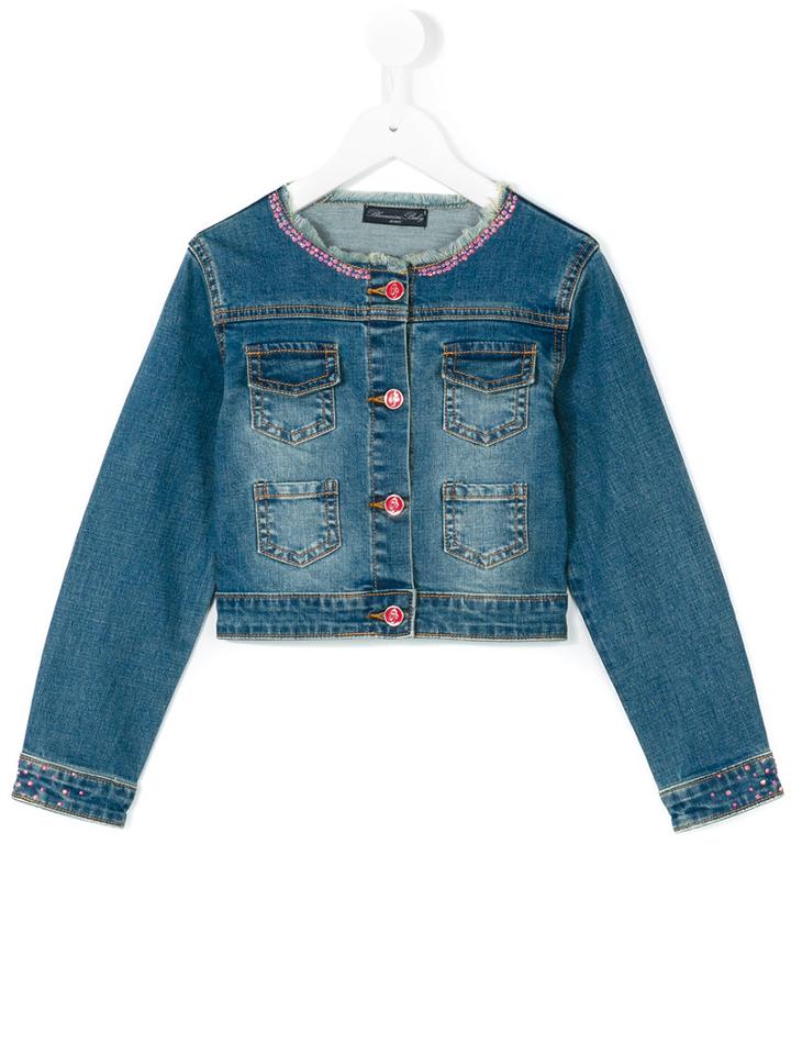 Rhinestone Embellished Denim Jacket - Kids - Cotton/spandex/elastane - 4 Yrs, Blue, Miss Blumarine