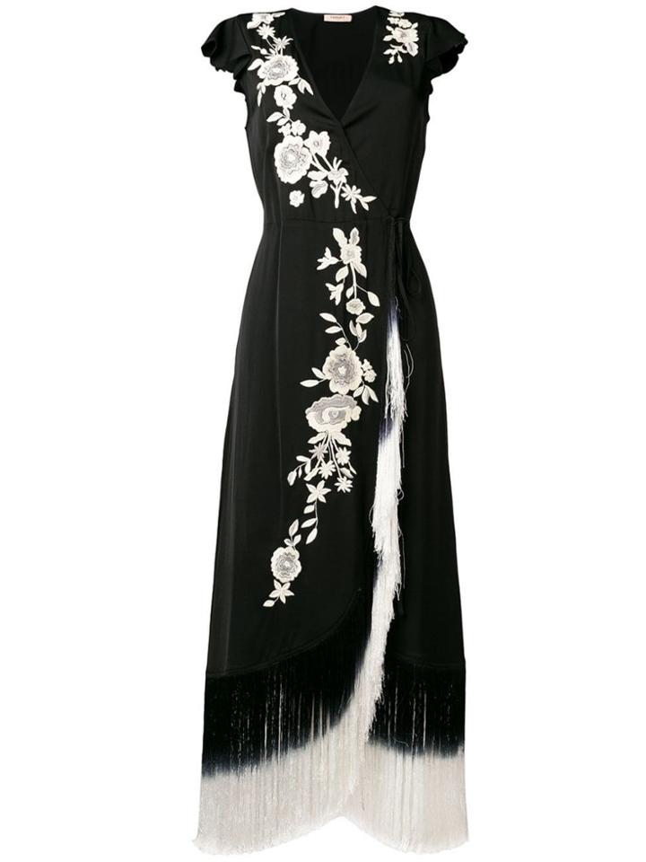 Twin-set Floral Embroidered Fringed Dress - Black