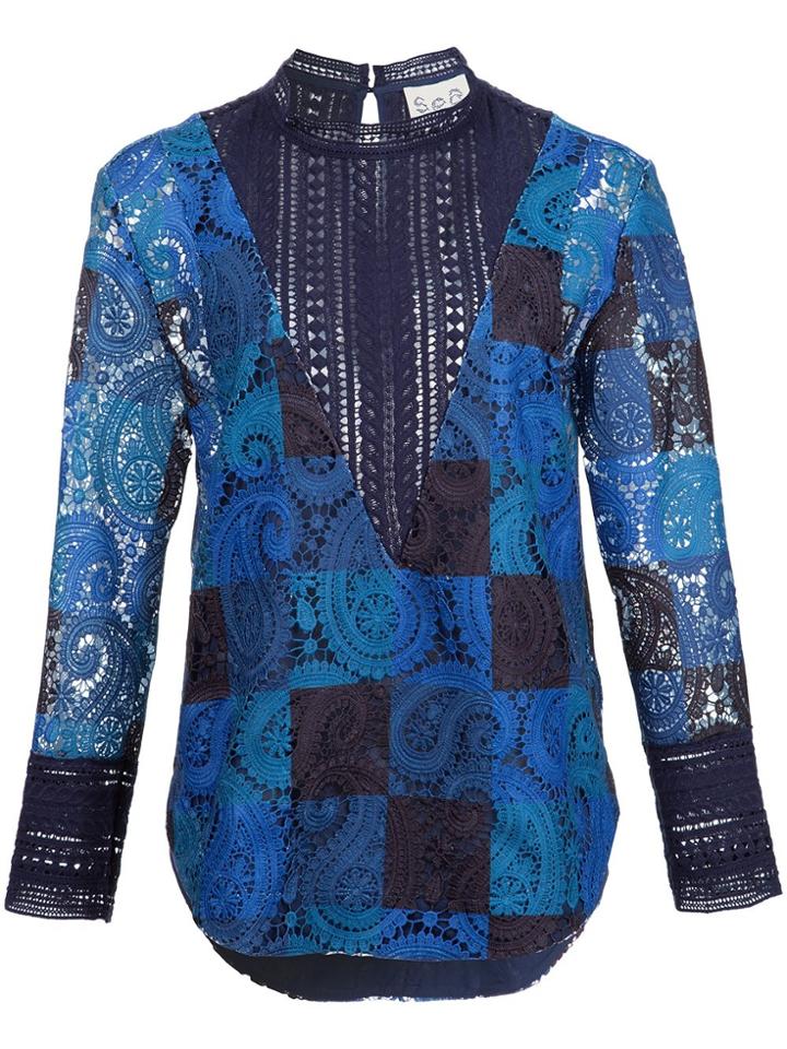 Sea Lace Cut-off Blouse - Blue