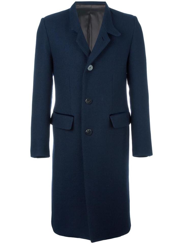 Umit Benan Notched Lapel Mid-length Coat, Men's, Size: 48, Blue, Virgin Wool/viscose