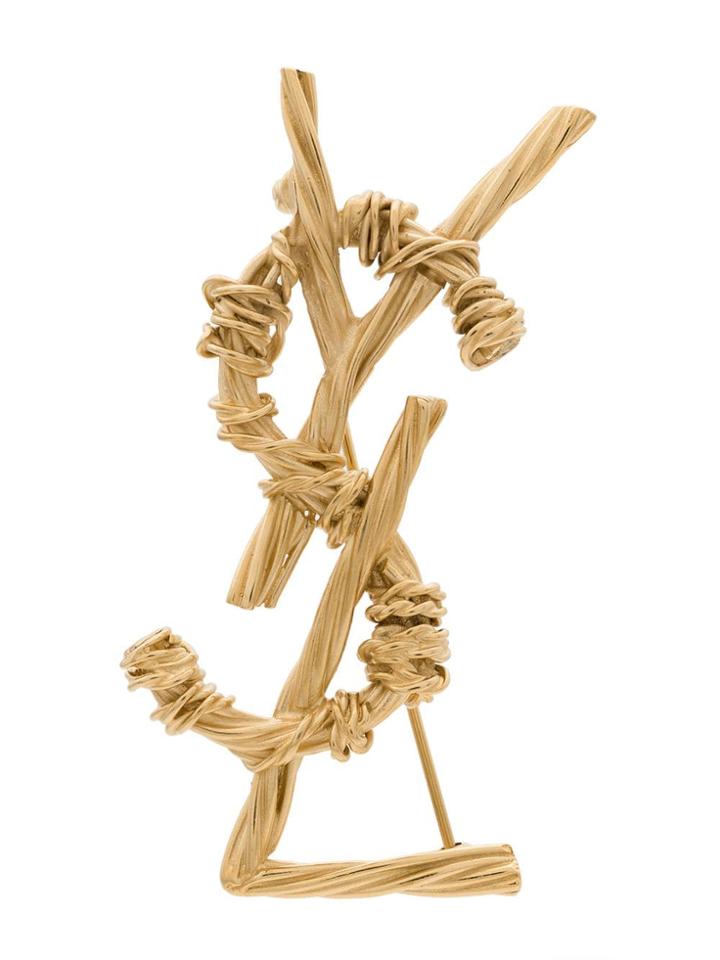 Saint Laurent Gold Ysl Twisted Brass Brooch