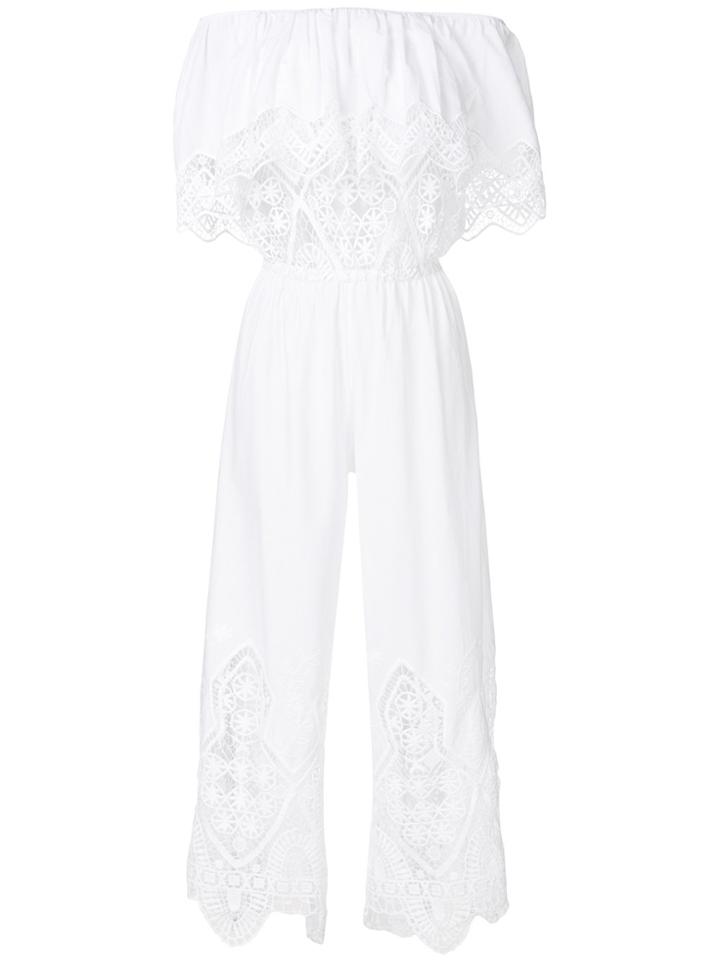 Black Coral Lace Insert Ruffle Trim Jumpsuit - White
