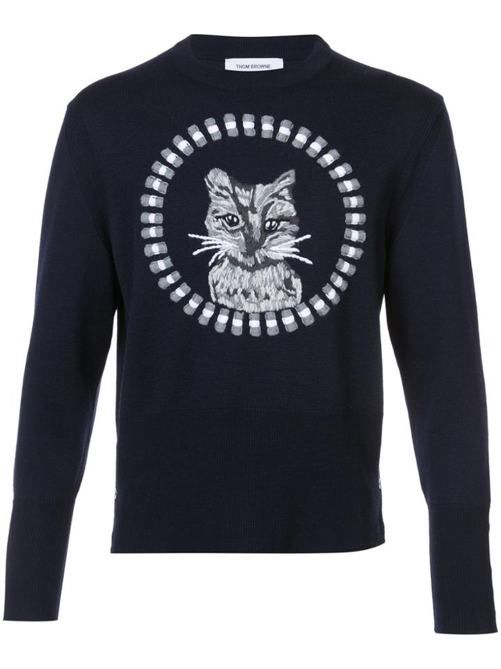 Thom Browne 'thom Cat' Crewneck Pullover In Navy Merino - Blue
