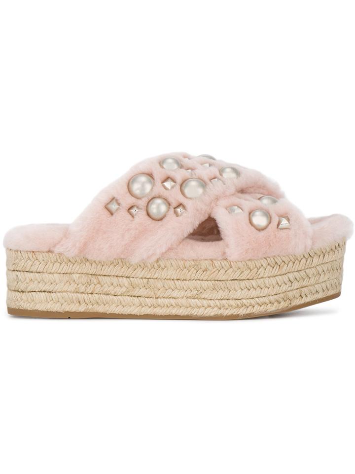 Miu Miu Pink Shearling Pearl 45 Flatform Sandals - Pink & Purple