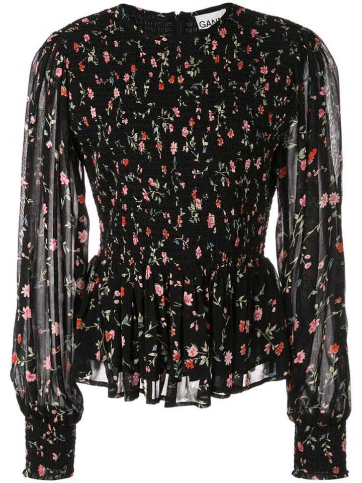 Ganni Floral Print Smocked Blouse - Black