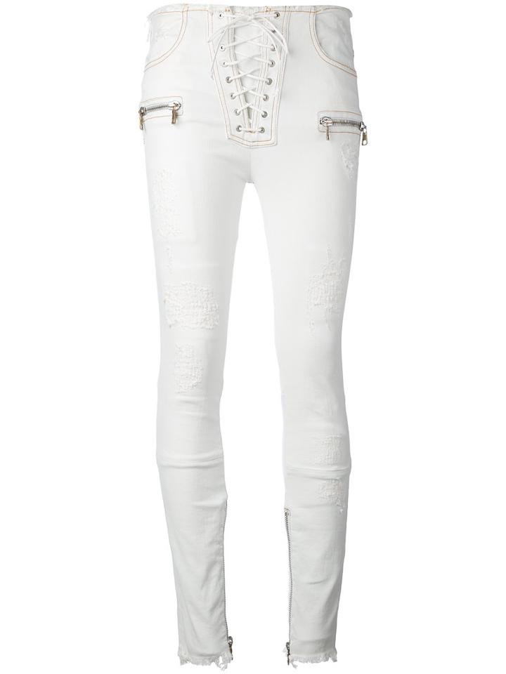 Unravel Project - Lace-up Skinny Trousers - Women - Cotton/polyester/spandex/elastane - 27, White, Cotton/polyester/spandex/elastane