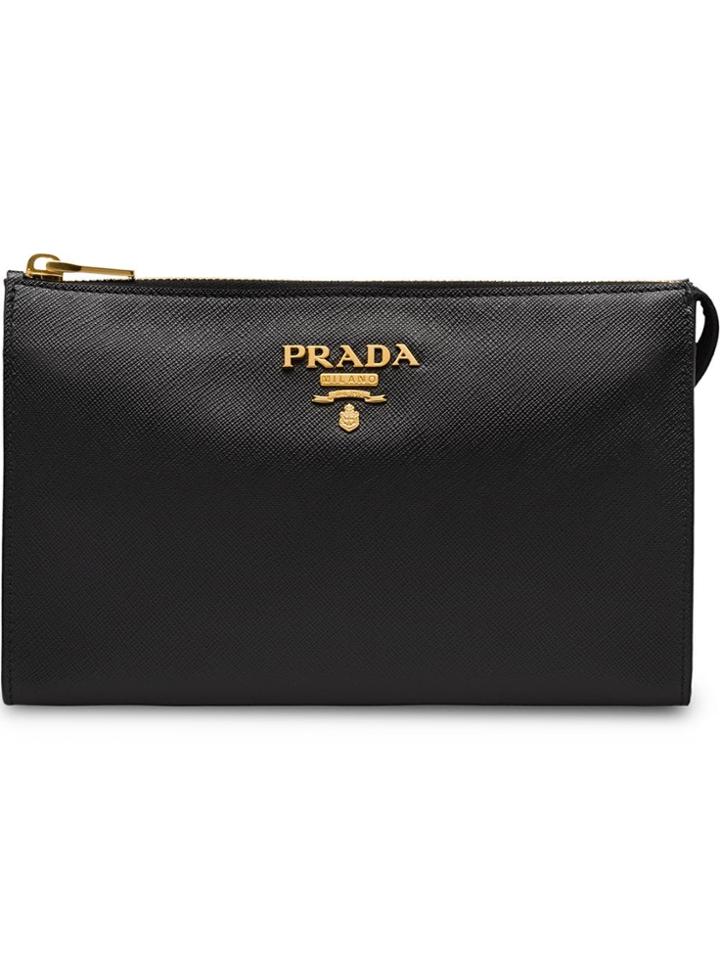 Prada Logo Zipped Clutch - Black