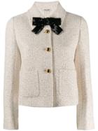 Miu Miu Bow Detail Tweed Jacket - White