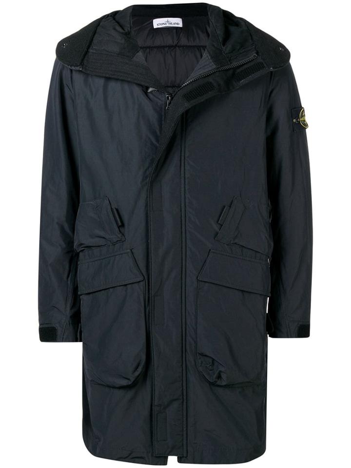 Stone Island Logo Sleeve Hooded Coat - Black
