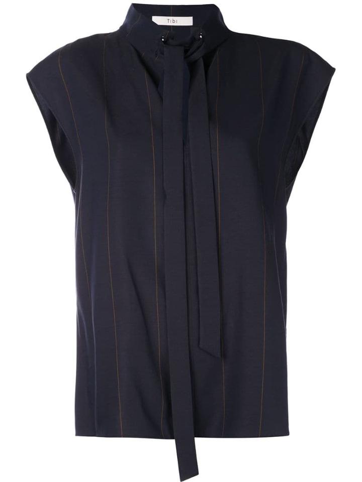 Tibi Twill Stripe Tie Neck Top - Blue