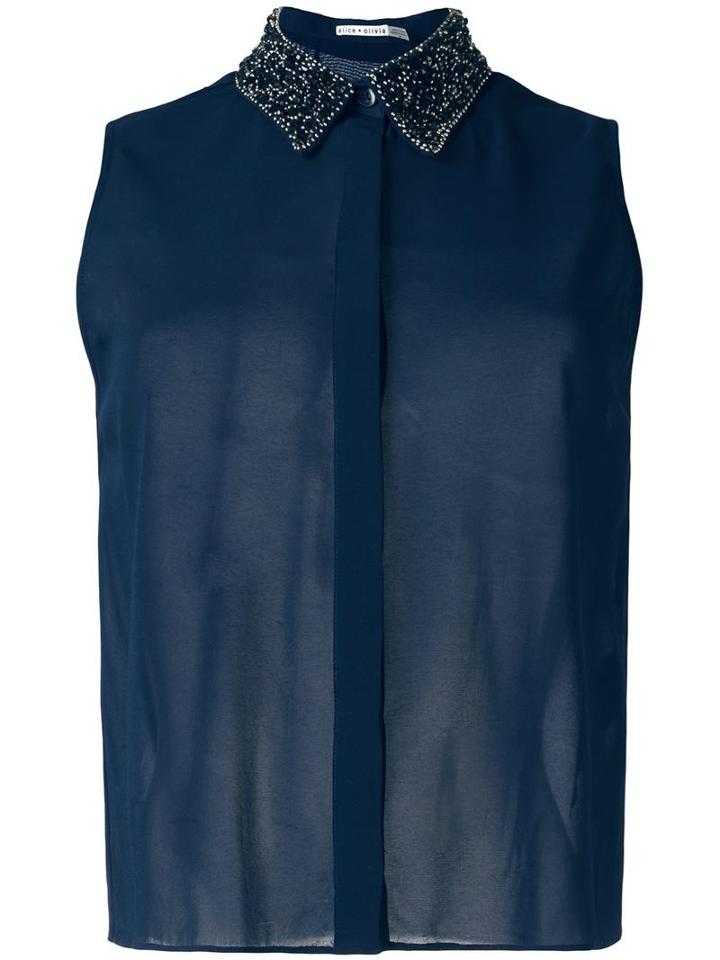 Alice+olivia Embellished Collar Shirt, Women's, Size: Medium, Blue, Silk/elastodiene/cotton