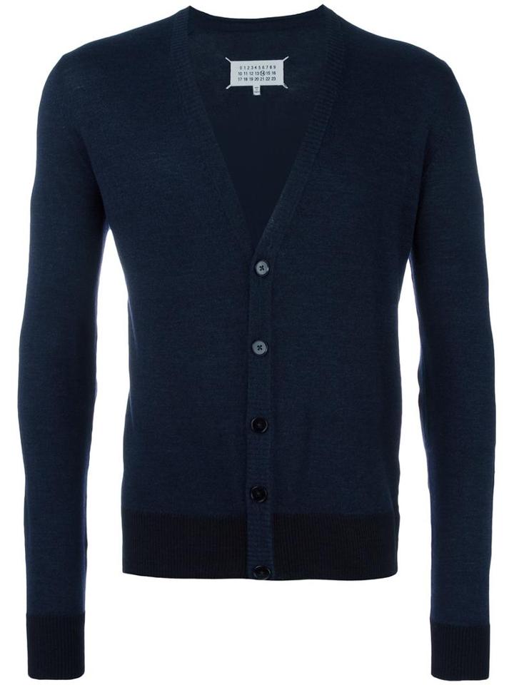 Maison Margiela Elbow Patch V-neck Cardigan, Men's, Size: Large, Blue, Linen/flax/wool/calf Leather