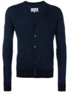 Maison Margiela Elbow Patch V-neck Cardigan, Men's, Size: Large, Blue, Linen/flax/wool/calf Leather