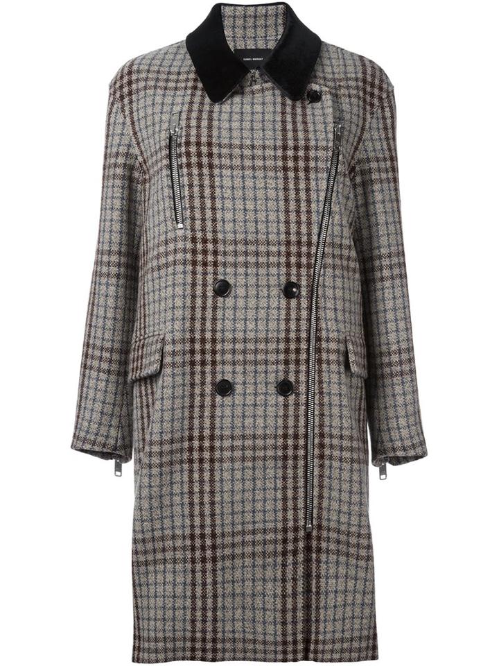 Isabel Marant 'friso' Checked Contrast-collar Coat, Women's, Size: 38, Nude/neutrals, Virgin Wool/leather/viscose/cotton