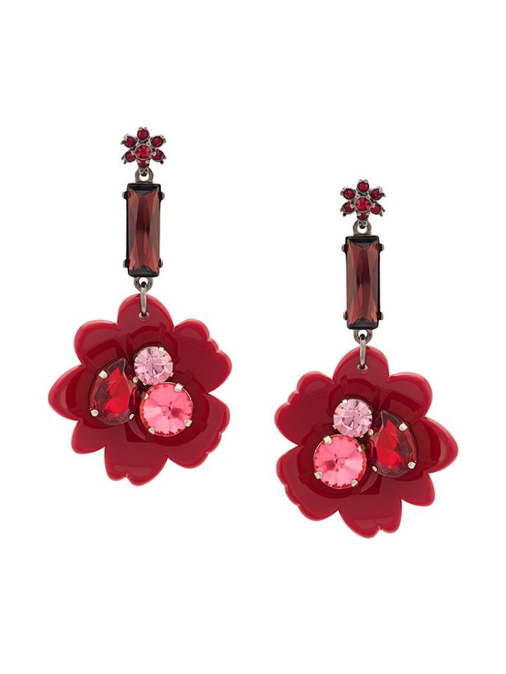 Oscar De La Renta Crystal Embellished Drop Flower Earrings - Red