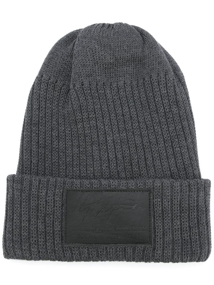 Yohji Yamamoto Signature Patch Beanie, Men's, Grey, Cotton/polyester