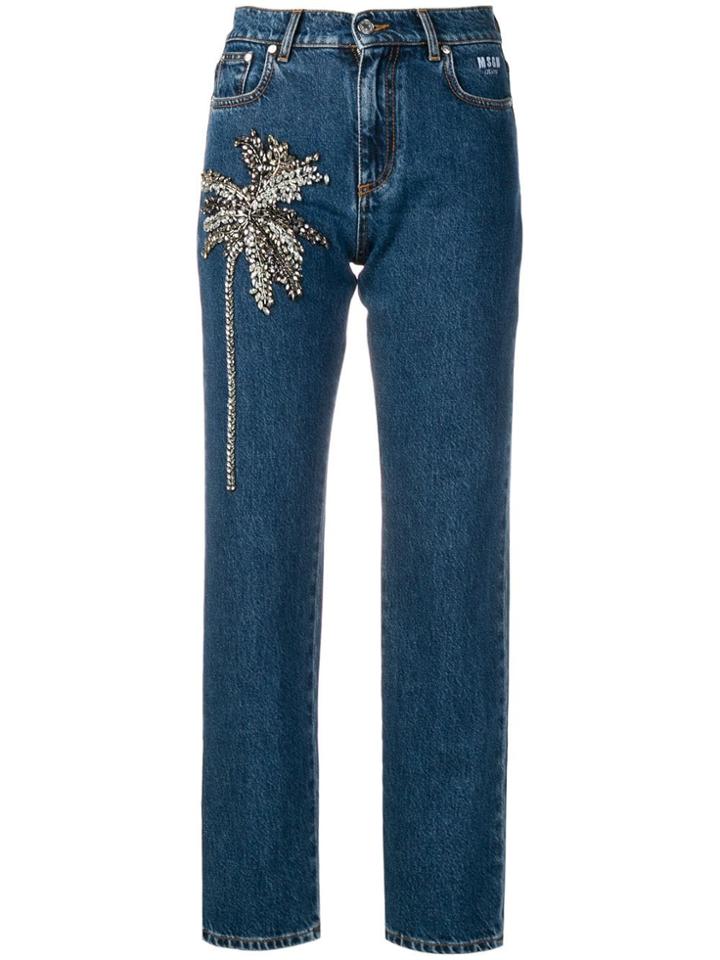 Msgm Palm Tree Embellished Jeans - Blue