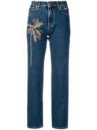 Msgm Palm Tree Embellished Jeans - Blue
